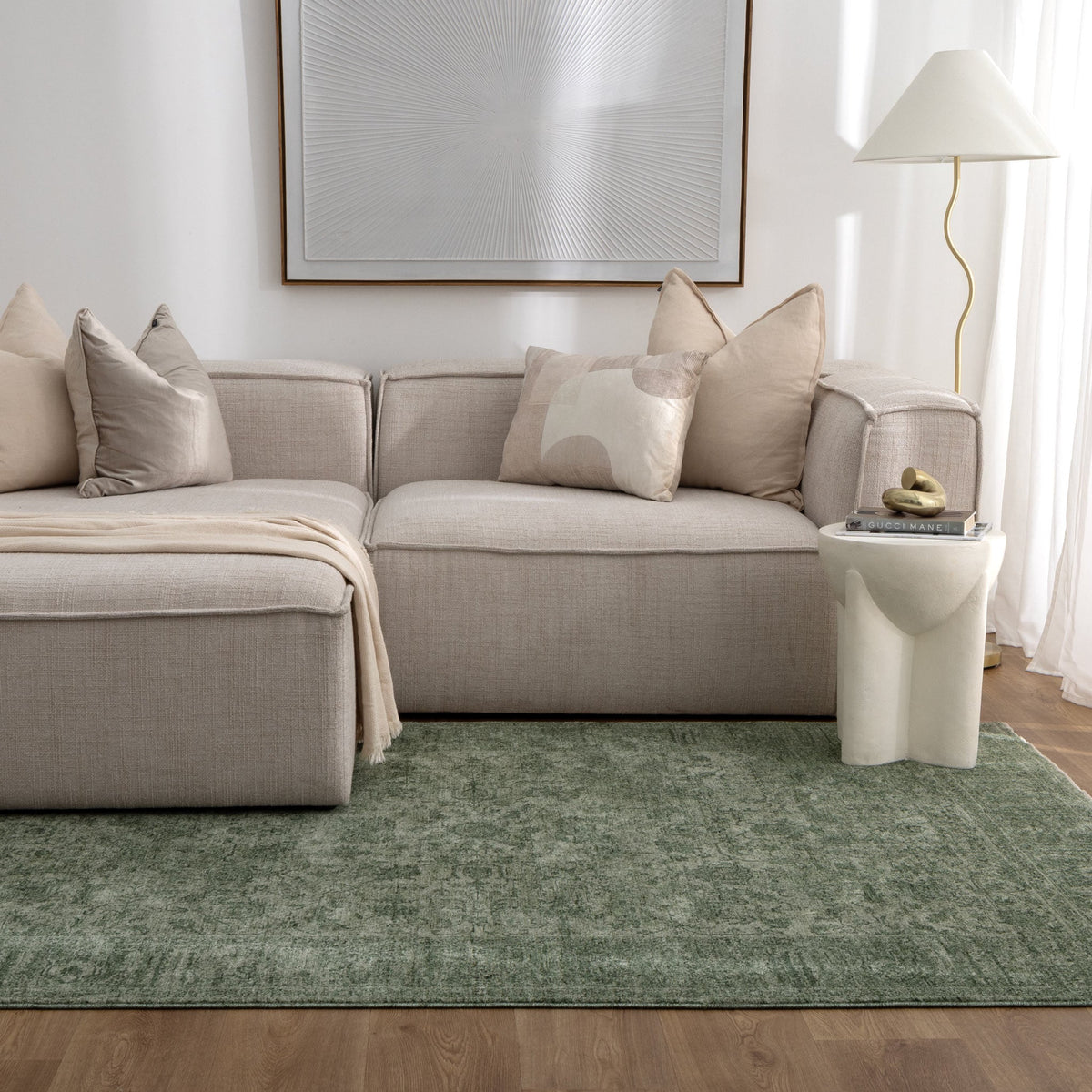 Herris Distressed Border Green Rug - 11107