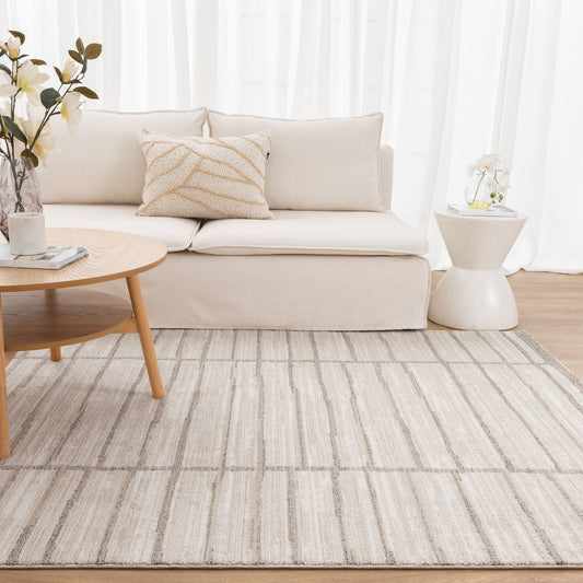 City Distressed Thick Lines Beige Grey Rug - C107
